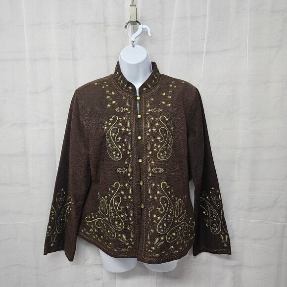 Silkland Brown Green Paisley Embroidered Boho Silk Retro Hippie Jacket M - Picture 1 of 12
